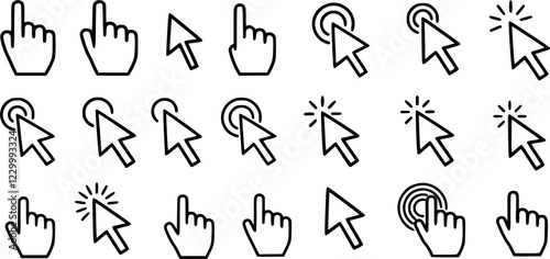 Pointer cursor computer mouse icon set. Finger cursor, arrow click sign. Vector illustration