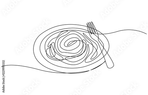 Fork with pasta in One Continuous line drawing. Italian spaghetti noodle for web banner and food, Pasta spaghetti noodle with fork in one continuous single line style isolated on white background.