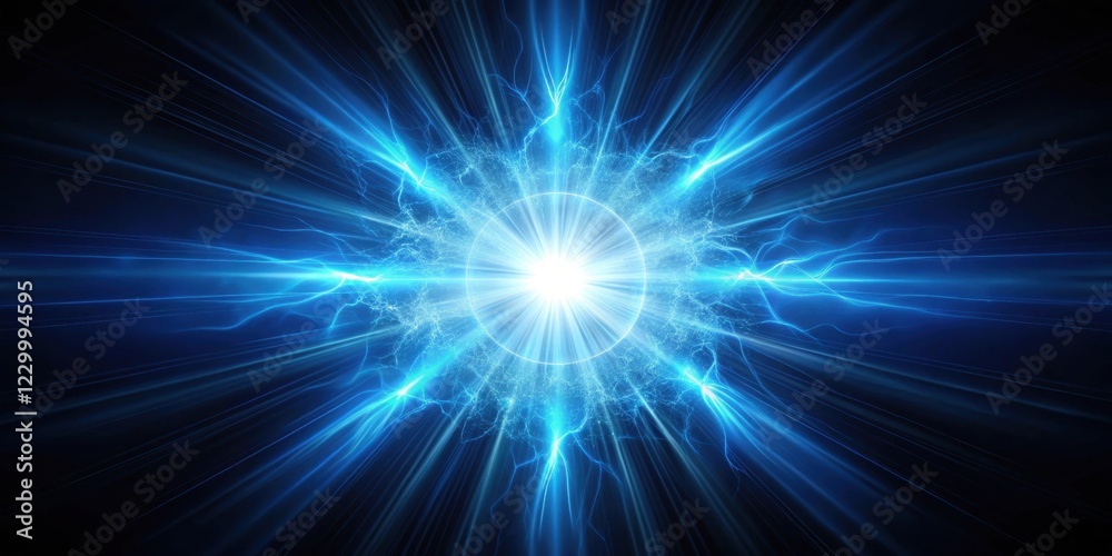 Obraz premium Electric light emission on dark surroundings, with blue glow radiating from the center of a burst, surrounded by darker hues , dark background, luminescent effect