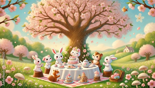 Wallpaper Mural A charming scene of woodland animals gathered around a circular picnic table under a full-bloom cherry blossom tree, sharing a delightful tea party Torontodigital.ca