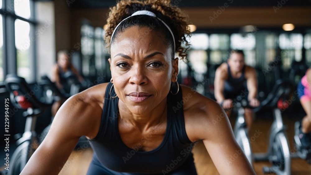 Fototapeta premium Empowerment in motion as a determined woman engages in a vigorous indoor cycling workout at a modern gym during a vibrant afternoon