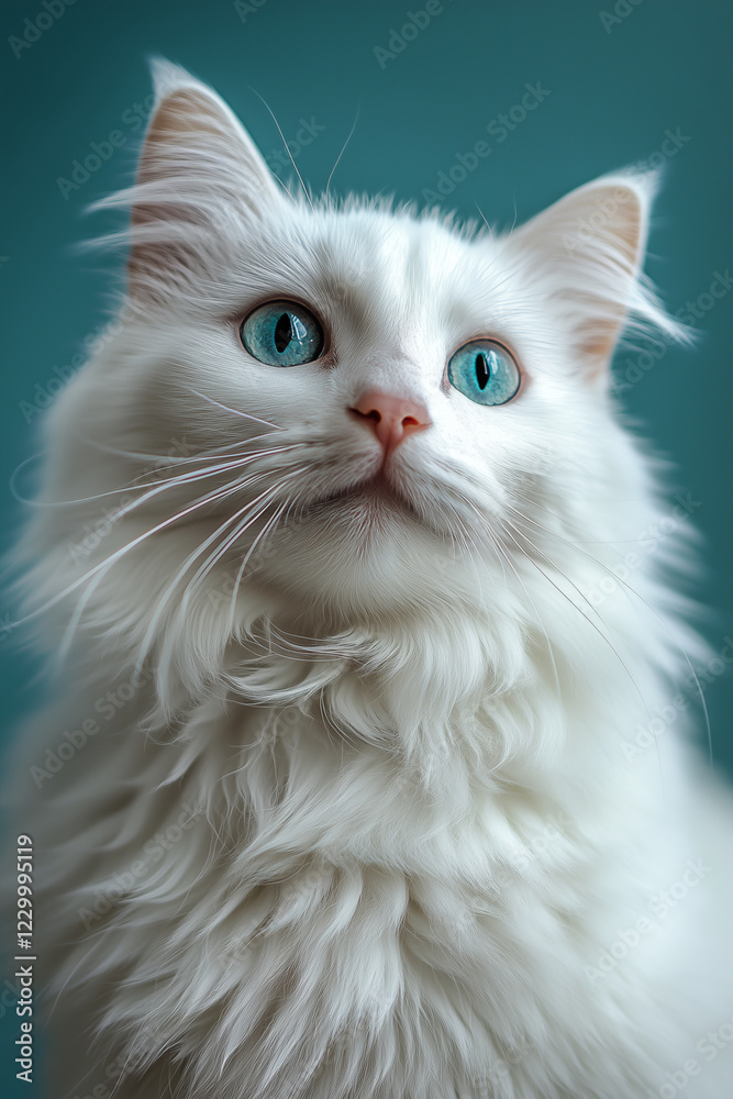 Fluffy white cat with striking blue eyes gazing thoughtfully. Its soft fur and expressive features create captivating and serene atmosphere