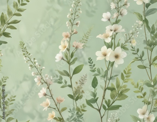 Delicate watercolor blooms on pale green leafy stems,  garden inspiration, ,  floral pattern