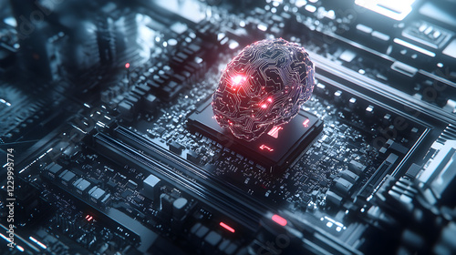 intelligence chip on a motherboard with a futuristic light effect 