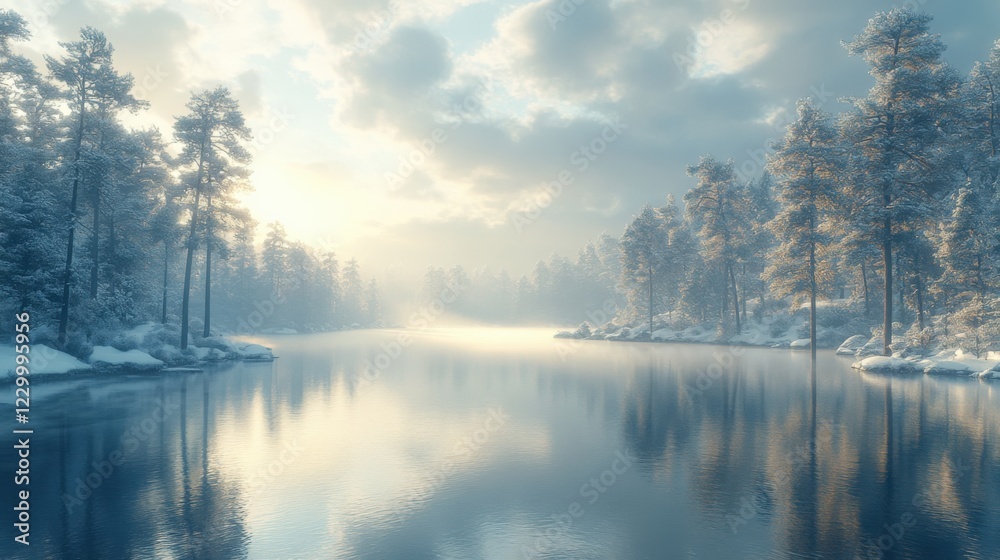 Fototapeta premium Winter Landscape With Calm Water and Snow-Covered Trees. Generative AI