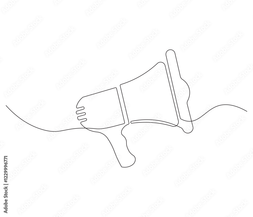 Obraz premium Public horn speaker in one continuous line drawing. Megaphone symbol of business and attention hire job. Speaker in simple linear style. Editable outline illustration