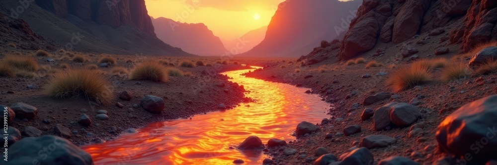 A river of liquid fire flows through a barren and rocky land, rocky ground, earthy tones A river of liquid fire flows through a barren and rocky land, rocky ground, earthy tones