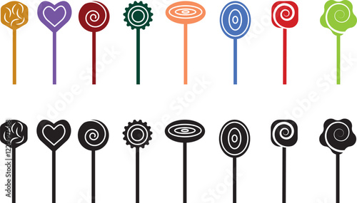 Sweets and candy icon set. Chocolate bars, caramel, toffee and lollipop on sticks, marmalade bears. Confectionery shop elements for birthday kids present cartoon flat isolated vector collection.