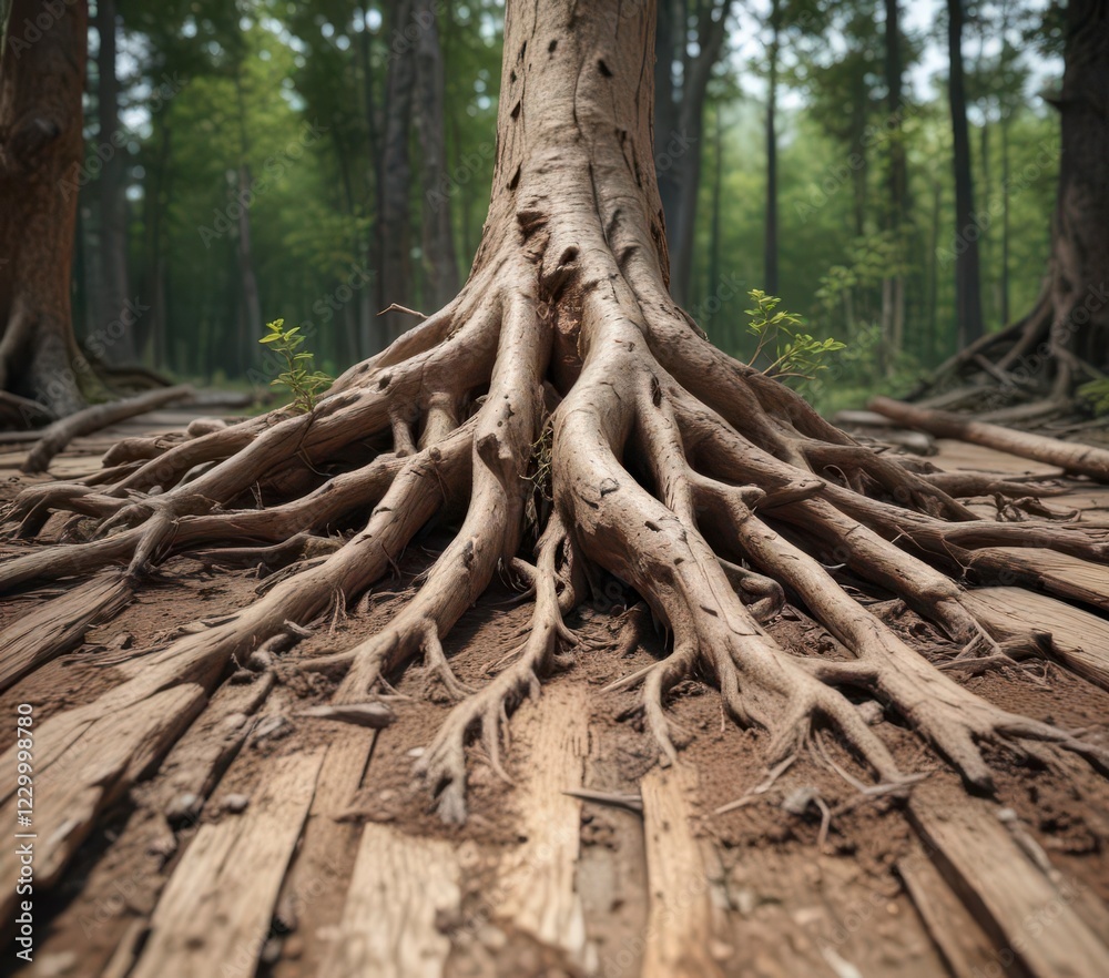 Exposed roots with a natural log on a wooden background , nature, forest, earthy Exposed roots with a natural log on a wooden background , nature, forest, earthy