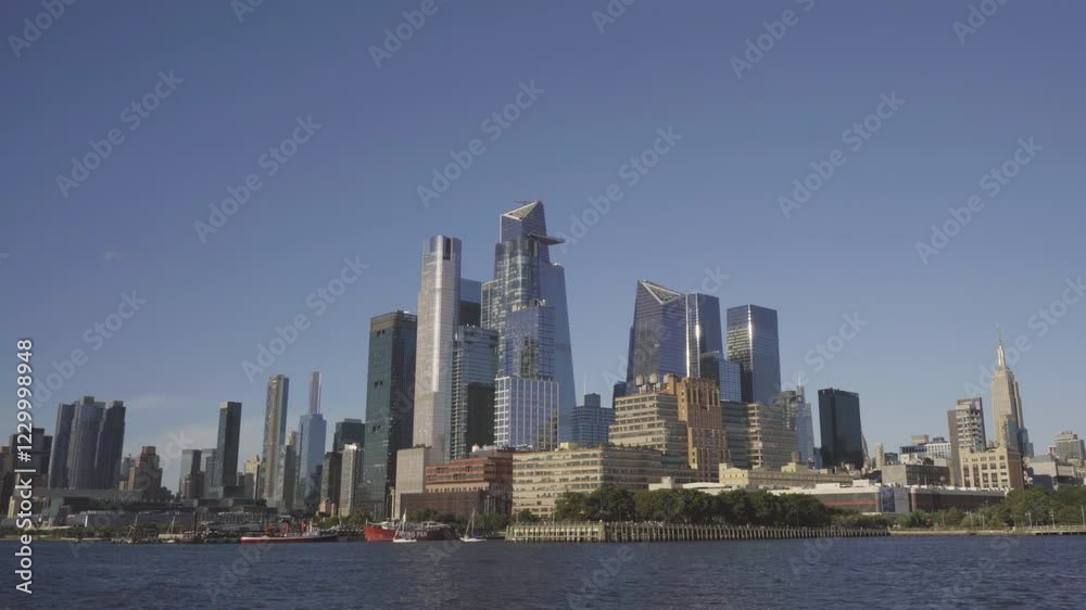 Manhattan Skyline View from Moving Boat in New York Manhattan Skyline View from Moving Boat in New York