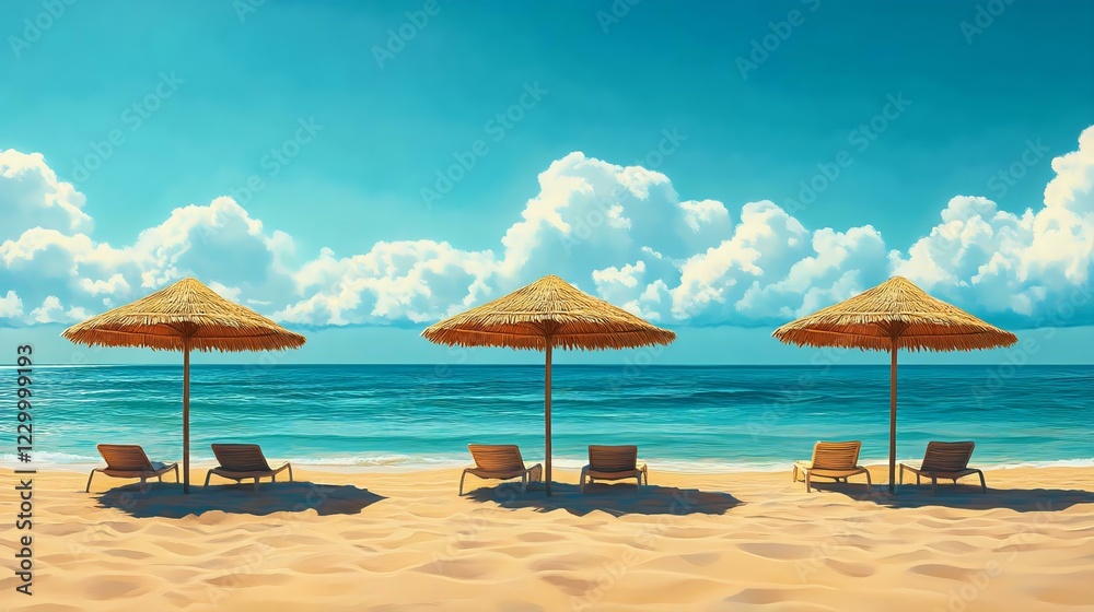 Scenic beach view with straw parasols and lounge chairs on golden sand, set against a tranquil turquoise sea and fluffy white clouds in a blue sky. Scenic beach view with straw parasols and lounge chairs on golden sand, set against a tranquil turquoise sea and fluffy white clouds in a blue sky.
