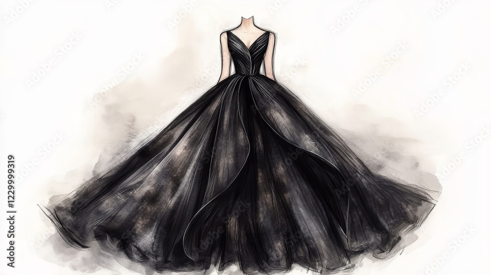 Elegant Hand-Drawn Fashion Illustration of a Dramatic Ball Gown Elegant Hand-Drawn Fashion Illustration of a Dramatic Ball Gown