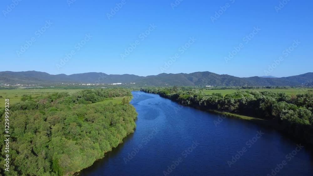 Aerial View of  river, Beautiful Aerial View of African Jungles forest and River, Landscape in aerial drone shot. Adove calm tranquil river in Jijel Algeria North Africa, River and green fores trees.