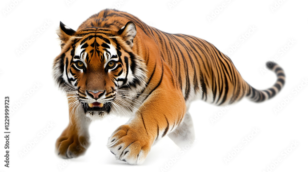 Obraz premium powerful tiger with intense eyes prowling against white background, showcasing its majestic stripes and fierce expression