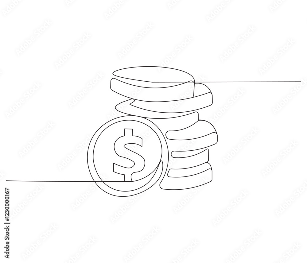 Stacks of coins in one continuous line drawing. Coins money symbol of financial success and investment business. Coins money in simple linear style. Editable outline illustration
