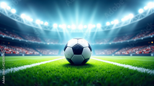 A stunning soccer ball centered in a lively stadium, illuminated by bright lights and surrounded by vibrant green grass.
