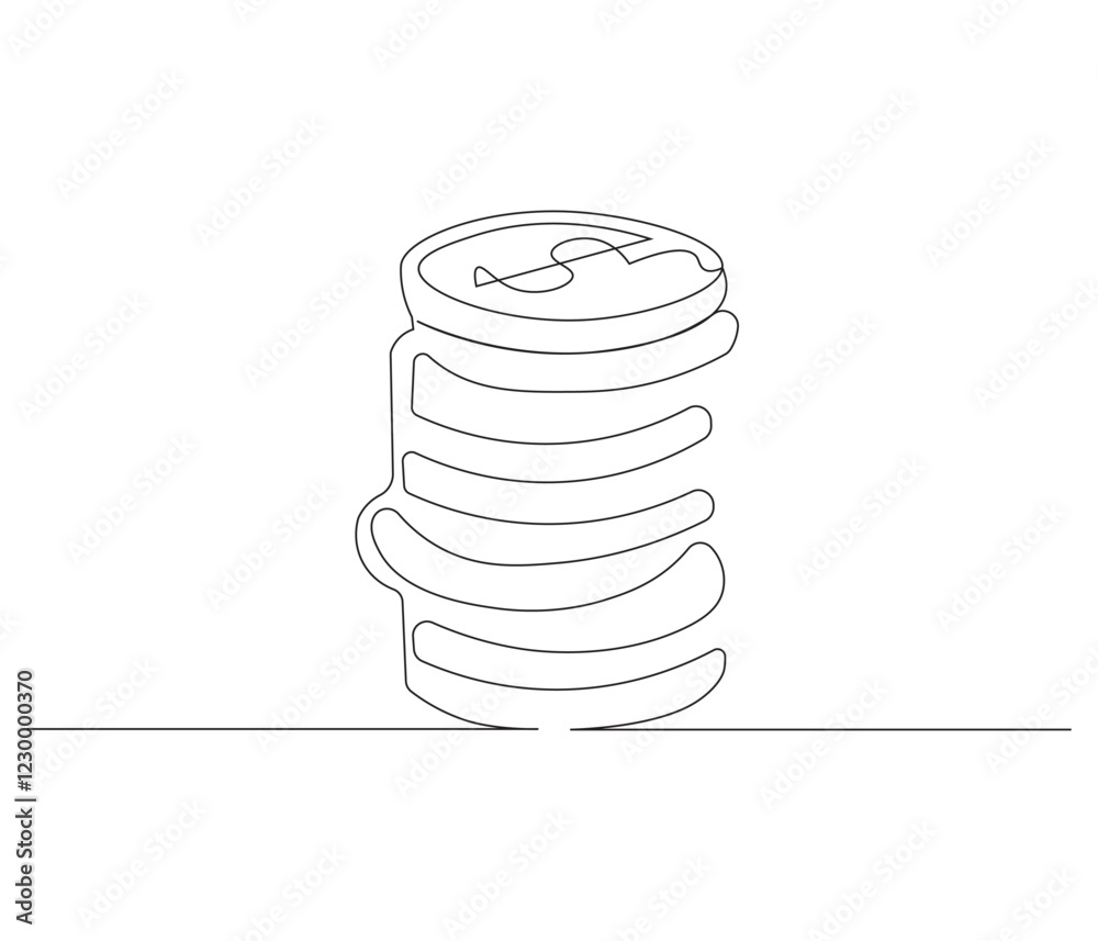 Stacks of coins in one continuous line drawing. Coins money symbol of financial success and investment business. Coins money in simple linear style. Editable outline illustration Stacks of coins in one continuous line drawing. Coins money symbol of financial success and investment business. Coins money in simple linear style. Editable outline illustration