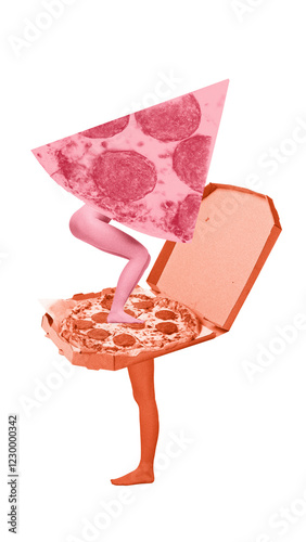 Surreal artwork. Human legs emerge from pizza slice standing on open pizza box, representing playful absurdity and teamwork in unconventional way. Concept of teamwork, togetherness, love. Ad photo