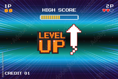 LEVEL UP icon pixel art. 8 bit game. retro game. Retro Futurism Sci-Fi Background. glowing neon grid. and stars from vintage arcade computer games