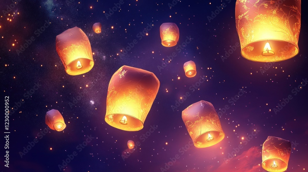 Obraz premium Illuminated Sky Lanterns Ascending Into The Night Sky