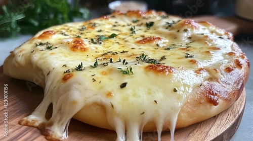 A freshly baked pizza on a wooden paddle with melted cheese and herbs. picture photo