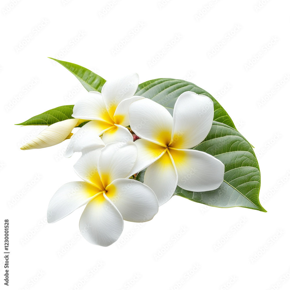 Fototapeta premium A close-up shot showcases three white plumeria flowers with yellow centers, accompanied by vibrant green leaves against a stark black backdrop.