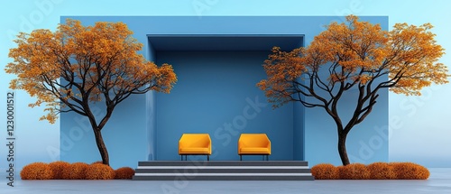 A modern outdoor seating area with orange chairs and autumn trees against a blue backdrop.