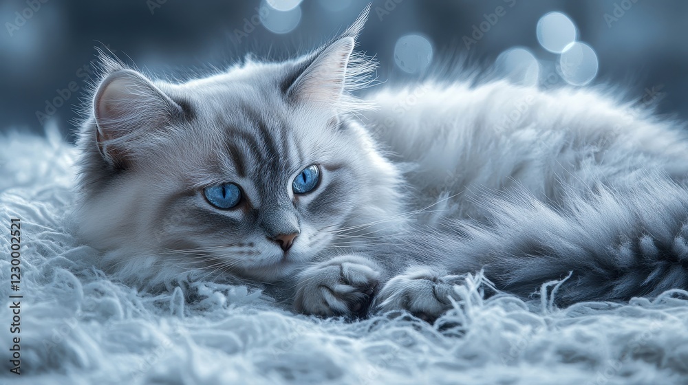 Fluffy Blue-Eyed Cat Resting on Soft White Blanket with Dreamy Bokeh Background in Cozy Indoor Setting Fluffy Blue-Eyed Cat Resting on Soft White Blanket with Dreamy Bokeh Background in Cozy Indoor Setting