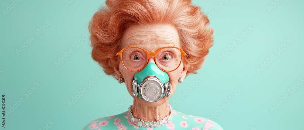 Fototapeta premium An elderly woman with vibrant hair and glasses wears a colorful mask, conveying a playful mood.