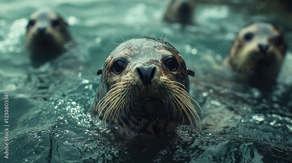 Obraz premium Close up of a Seal swimming in the ocean with other seals in background