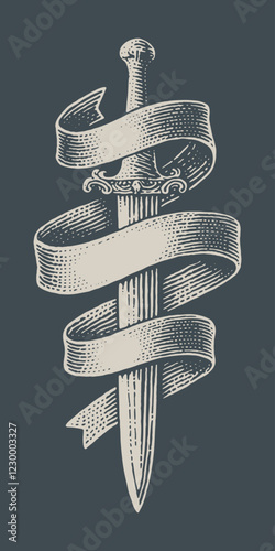 Illustration of dagger with banner wrapped around it.