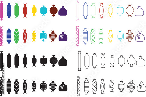 Sweets and candy icon set. Chocolate bars, caramel, toffee and lollipop on sticks, marmalade bears. Confectionery shop elements for birthday kids present cartoon flat isolated vector collection.