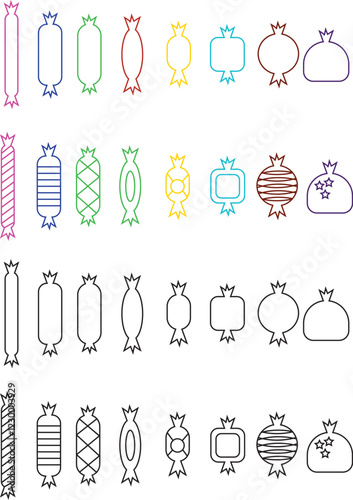 Sweets and candy icon set. Chocolate bars, caramel, toffee and lollipop on sticks, marmalade bears. Confectionery shop elements for birthday kids present cartoon flat isolated vector collection.
