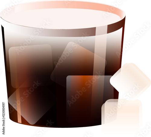 Black Russian cocktail in glass filled with ice cubes isolated on transparent background. Creative design. Concept of alcohol drink, bar menu, refreshment, relaxation, mixology