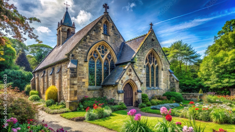 Old stone church with pointed arches and stained glass windows on a sunny day surrounded by lush greenery and flowers, Gothic style, church Old stone church with pointed arches and stained glass windows on a sunny day surrounded by lush greenery and flowers, Gothic style, church