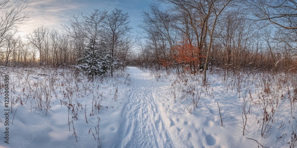 A tranquil winter trail through a forest, with fresh snow covering the ground and trees. A tranquil winter trail through a forest, with fresh snow covering the ground and trees.