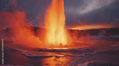 A dramatic geyser erupts with fiery steam, illuminated by the warm colors of sunset, creating a surreal and vibrant landscape.