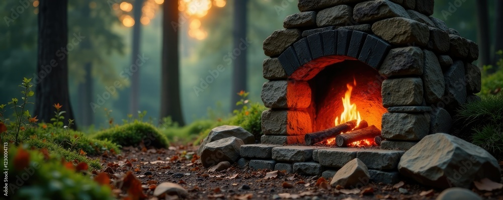 Rustic stone fire place in a forest landscape, outdoorsy, cozy atmosphere Rustic stone fire place in a forest landscape, outdoorsy, cozy atmosphere