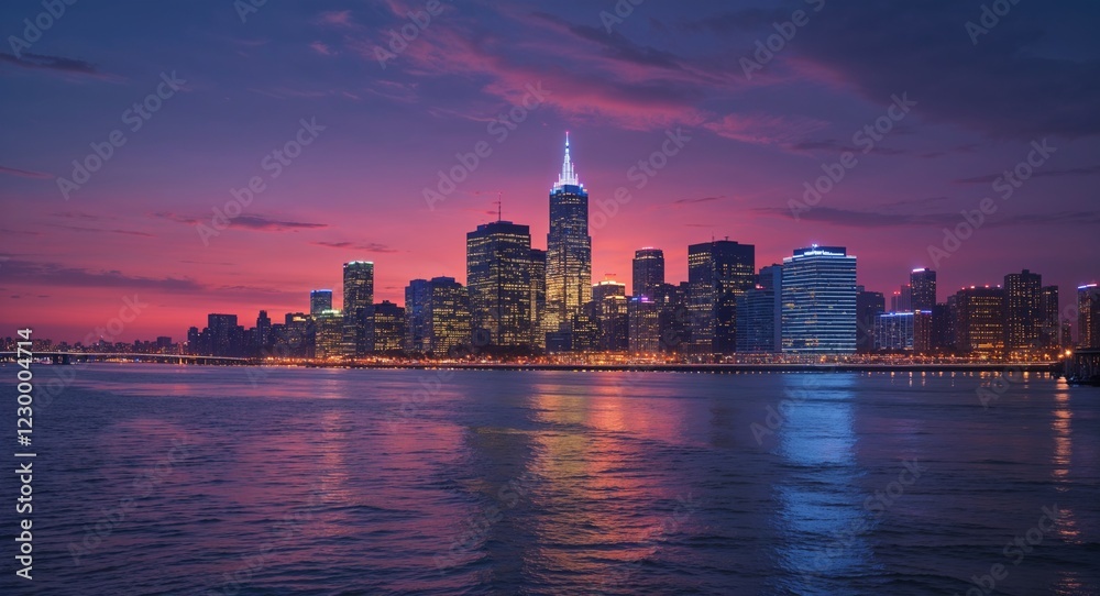 Obraz premium Glowing city skyline across river at dusk