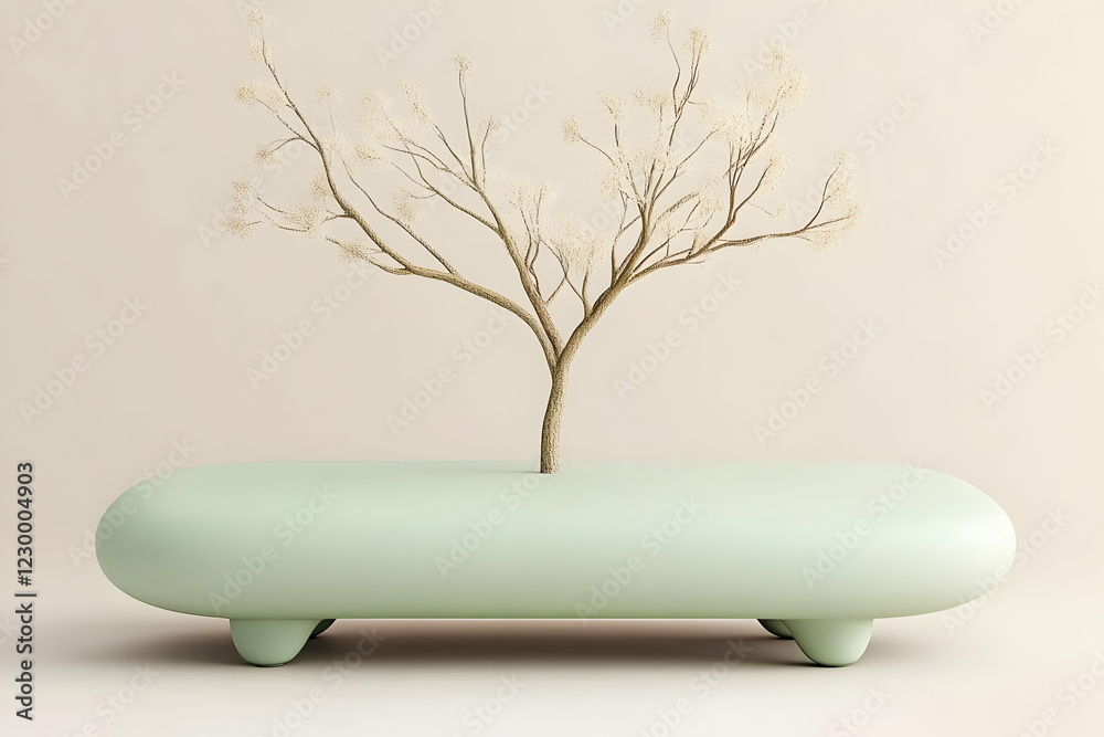 Minimalist pale green planter with twig tree Minimalist pale green planter with twig tree