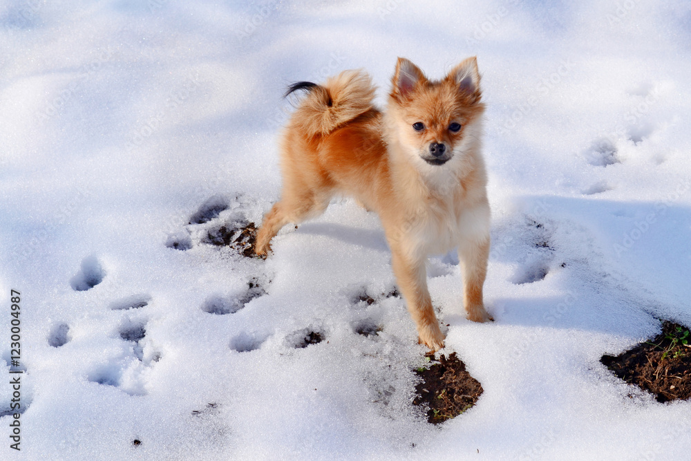 Beige pomeranian dog in the snow Beige pomeranian dog in the snow