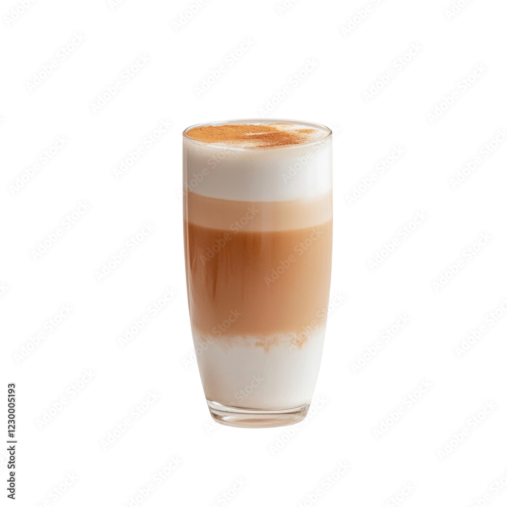A layered latte coffee drink with a dusting of cinnamon in a clear glass. A layered latte coffee drink with a dusting of cinnamon in a clear glass.
