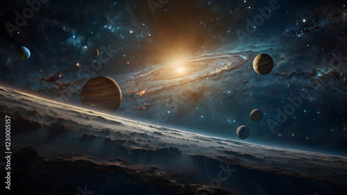 an astronaut floating in space against a backdrop of a massive black hole and swirling nebula. The scene is filled with wonder, awe, and the vastness of the cosmos.