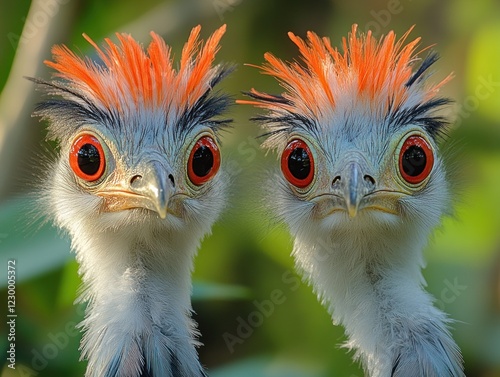 Close up portrait of two Red legged seriema birds with orange crest and red eyes photo