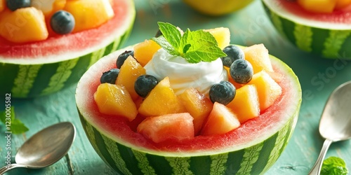 A refreshing fruit salad in a watermelon bowl, featuring blueberries and oranges with cream on top. Perfect for summer.