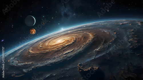 an astronaut floating in space against a backdrop of a massive black hole and swirling nebula. The scene is filled with wonder, awe, and the vastness of the cosmos.