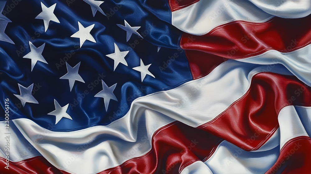 Waving American Flag with Realistic Fabric Texture, USA National Symbol, Patriotic Background, Stars and Stripes, Symbol of Freedom and Independence, Detailed Silk Texture, High-Resolution United Stat Waving American Flag with Realistic Fabric Texture, USA National Symbol, Patriotic Background, Stars and Stripes, Symbol of Freedom and Independence, Detailed Silk Texture, High-Resolution United Stat