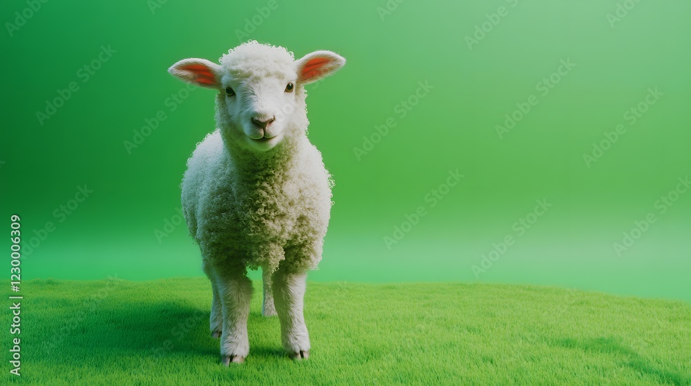 Fototapeta premium Cute fluffy lamb standing on vibrant green grass background