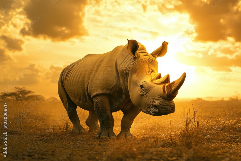 Fototapeta premium Rhino standing at sunset in the savannah with light rays shining through clouds.