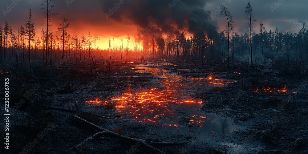 Wildfire ravages forest landscape at sunset with glowing embers and smoke rising from the ground Wildfire ravages forest landscape at sunset with glowing embers and smoke rising from the ground